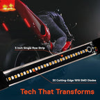 TRUE MODS 2pc 5" Rear LED Motorcycle Red Running Brake & Amber Turn Signal Tail Light Strip Kit for License Plate [Waterproof] Universal Self Adhesive Surface Mount Flexible Rear Lamp for Bike ATV UTV