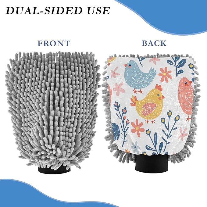 YETTASBIN Chicken 2PCS Car Wash Mitts, Ultra Absorbent Chenille Microfiber Car Washing Gloves, Scratch-Free Lint-Free Auto Cleaning Mitt, Machine Washable Elastic Cuff Car Wash Sponge