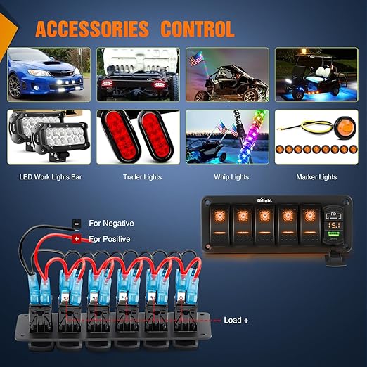 Nilight 5 Gang Rocker Switch Panel with PD Type C and USB Charger Voltmeter 12V SPST ON Off Toggle Switches w/Orange Backlit Waterproof Aluminum for Boats Cars RVs Trucks