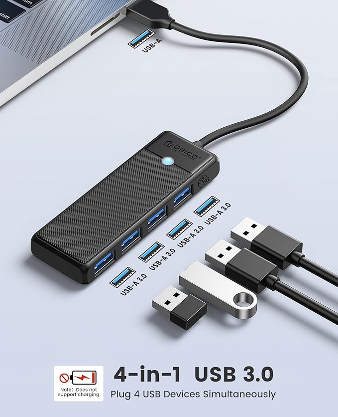 ORICO USB 3.0 Hub, 4-Port USB Hub with 6Ft Long Cable, Ultra Slim USB Splitter for Laptop MacBook Pro, iMac, Surface Pro, XPS, PS5，PC, Flash Drive, Mobile HDD