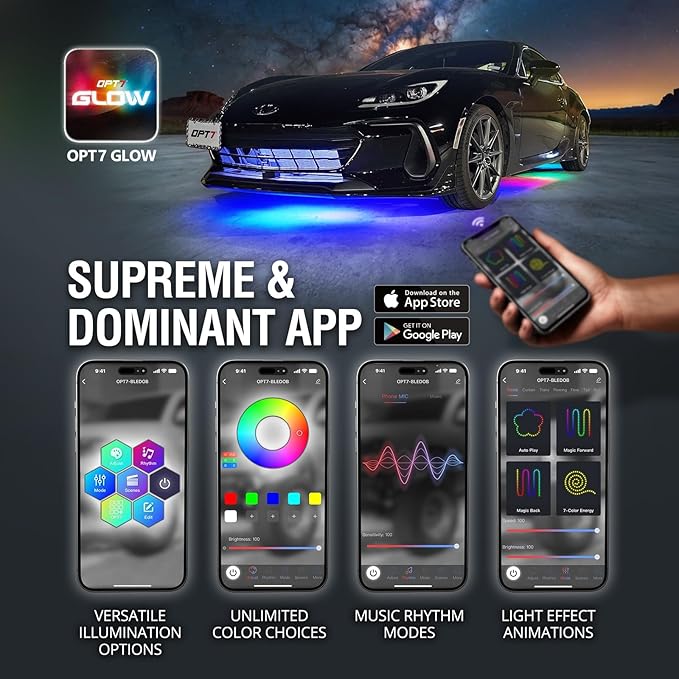 OPT7 Aura DreamColor Underglow Chasing Lights for Car with APP & Remote Control, Waterproof Rigid Aluminum LED Light Bar, 12V Exterior Neon Accent Underbody RGBIC Lighting Kit, Multicolor Car Decor