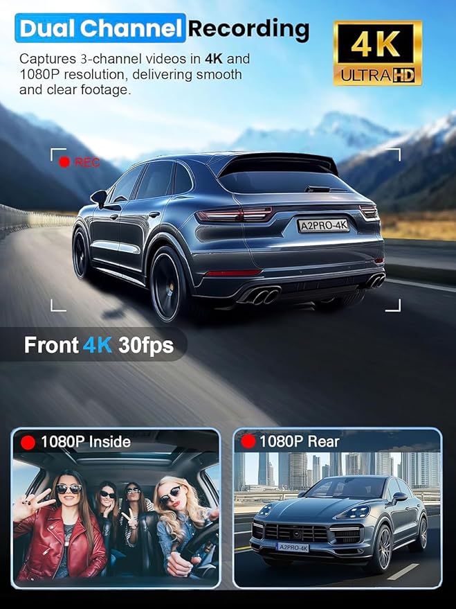 3 Channel 4K Dash Cam Front and Rear Inside, Built-in 5G WiFi,4K+1080P+1080P Dash Camera with 64GB Card,3.16” IPS Screen,Loop Recording, G-Sensor, 24H Parking Monitor, Night Vision(Rose Gold)