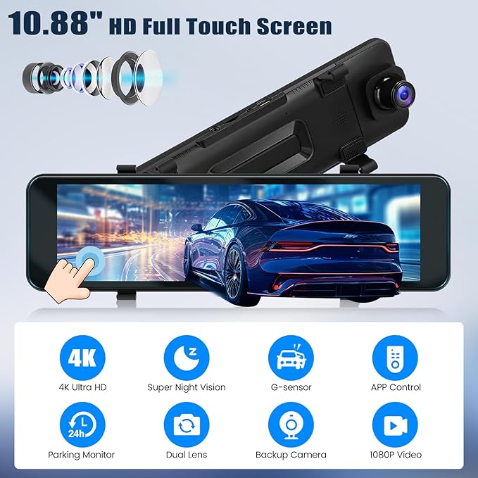 4K Mirror Dash Cam 10.88 Inch Rear View Mirror Front and Rear View Dual Cameras,GPS Tracking,Loop Recording,G-Sensor,Parking Assistance,APP Control,Parking Monitor,Waterproof Backup Camera