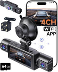 4 Channel Dash Cam 360° View, 2K Car Dash Cam Front and Back, 4-Way Front Rear Inside Recording, APP Control, 8 IR Night Vision, Parking Monitor, G-Sensor, Free 64GB TF Card