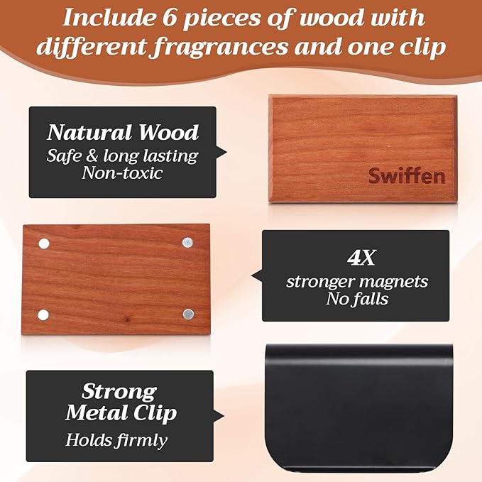 6 Pcs 6 Scents Car Wood Air Freshener Set Wood Fragrance Automotive Odor Eliminator for Visor Clip Vehicle Scent Diffuser with Amber Tectona Grandis Pine Grove Coconut Ocean Scent Refill, Clip