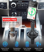 APPS2Car 15W Qi Wireless Car Charger Solid Cup Holder Mount, Adjustable Long Arm & 360° Rotation, Fits 3"–4" Round Cup Holders, Works with Cases ≤ 4 mm (No Metal Attachments)