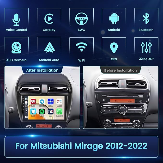 2+64GB Android 15 Car Radio for Mitsubishi Mirage 2012-2022 Wireless Carplay Android Auto, 9" Touch Screen Car Stereo GPS Navi, WiFi, Bluetooth, Backup Camera, FM RDS Radio, EQ DSP, SWC