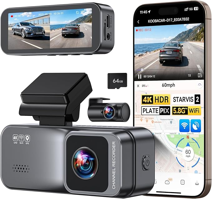4K/2.5K Dash Cam Front and Rear, Dual Dash Camera for Cars, Included 64GB Card, Built-in Wi-Fi GPS,Car Camera with 3.20" IPS Screen,UHD Night Vision, Loop Recording, WDR, 24H Parking Monitor