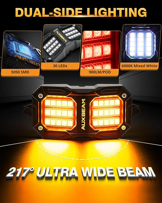 Auxbeam 4 Pods RGB LED Rock Lights Dynamic Color Changing with Brake Mode Wheel Well Lights w/Bluetooth APP+Remote Control Music Voice Sync IP67 Waterproof Underglow Kit for Trucks ATV 1 Year Warranty