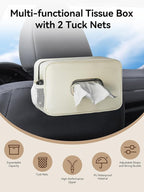 Multi-Functional Car Tissue Holder with ‌2 Storage Nets, Upgraded PU Leather Tissue Box Cover, Large Rectangle Napkin Organizer, Fit for 100-160 Regular Size Tissues, Keep Car Tidy, Beige
