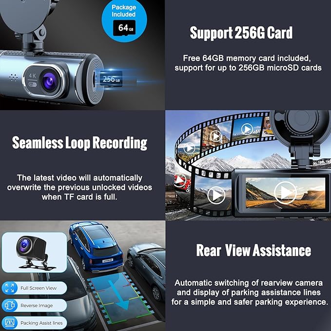 4K Dash Cam, Dash Camera Front Inside Rear, WiFi Dashcam for Cars with 64G Card, 3.16" IPS Screen, Night Vision, WDR 24H Parking Mode, G-Sensor, Loop Recording, 170° Wide Angle, APP Control