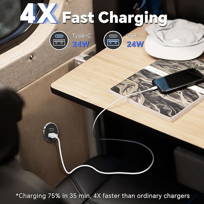 12V USB Outlet All-Aluminum QC 3.0 USB-A & USB-C PD3.0 Dual Fast Car Charger Socket, Recessed Mount Car USB Port for Car Truck Boat RV Camper Van Trailer (Small Version*2)