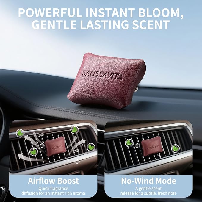 Car Air Freshener Diffuser Jasmine Ocean Scented 2 Pack, Car Fresheners Vent Clip Leather Design, Car Diffuser Flower Scented for 30 Days Long Lasting WineRed