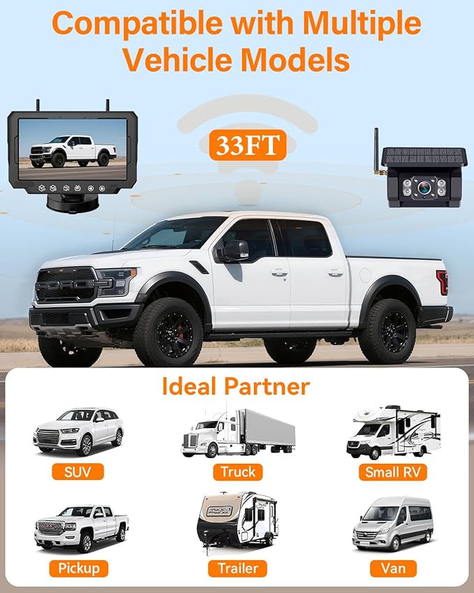 Rohent Solar Wireless Backup Camera for Trucks: 7" HD 1080P Monitor, 1-Min Easy Magnetic Install, Night Vision, Dual Antenna Boost Signal for Pickups - Designed for Long-Distance Drivers and Campers