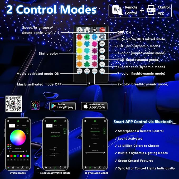 Starlight Headliner Light Kit 16W Upgraded Car Home Fiber Optic Lights 500pcs 0.03in(6.5ft/2m) Sound Activated APP/Remote Control Small Size Star Lights for Car Home Star Ceiling Decoration