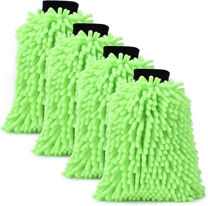 4Pcs Car Wash Mitt Microfiber Gloves Chenille Material Microfiber Towels for Car Washing Supplies Kit Scratch Free Cleaning Fluorescent Green