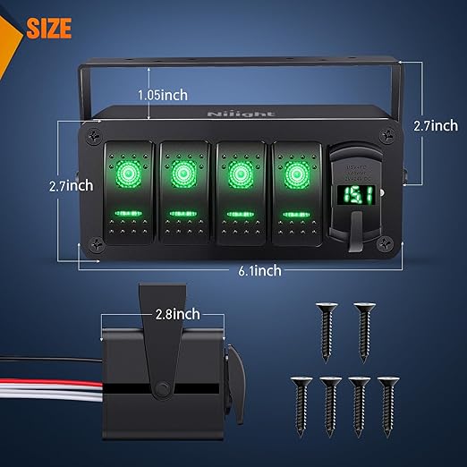 Nilight 4 Gang Rocker Switch Box 12V SPST ON Off Toggle Switches PD Type C and QC 3.0 USB Charger Voltmeter LED Light Waterproof Aluminum Mount Bracket Panel DIY Stickers for Boat Car RV Truck