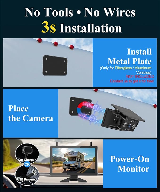 VEKOOTO VK101 4 Magnetic Solar Wireless Backup Camera with 10.1'' Touchscreen Monitor, 15,800mAh Rechargeable, No Wiring, HD1080P Night Vision Wireless Backup Camera for Trucks, RV, Trailer, Camper