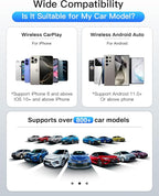 2026 Upgraded Mini Wireless CarPlay Adapter for Apple CarPlay & Android Auto, Plug & Play, Fast and Auto Connect, No Latency 2 in 1 Car Play Wireless Adapter for iPhone iOS 10+ & Android 11+
