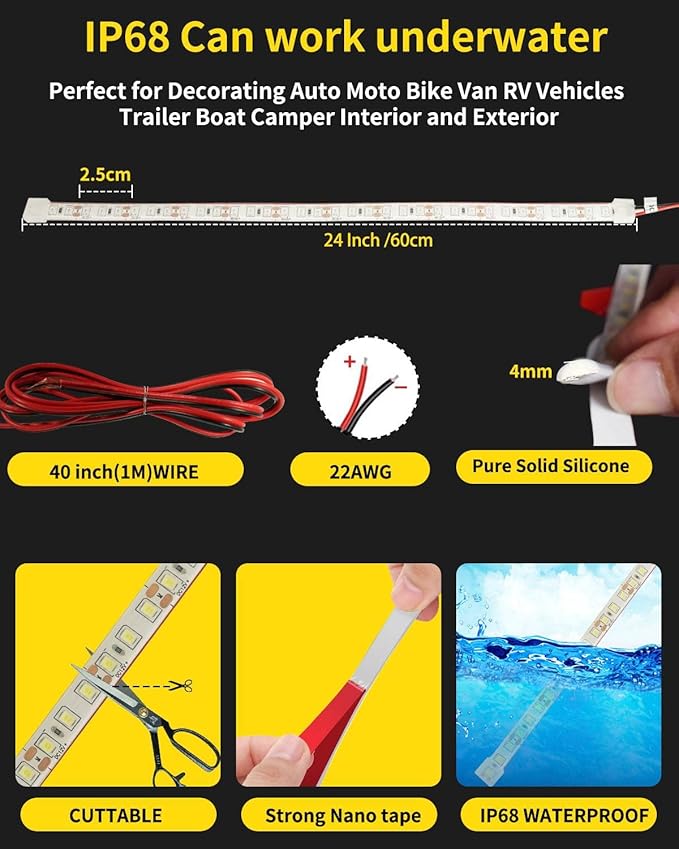 YM E-Bright Led Strip Lights for Cars Boat Motorcycle Golf Cart Interior Exterior Cuttable Underwater Marine Lighting IP68 Waterproof 24inch 60CM 72SMD 12v,Blue(Pack of 4)
