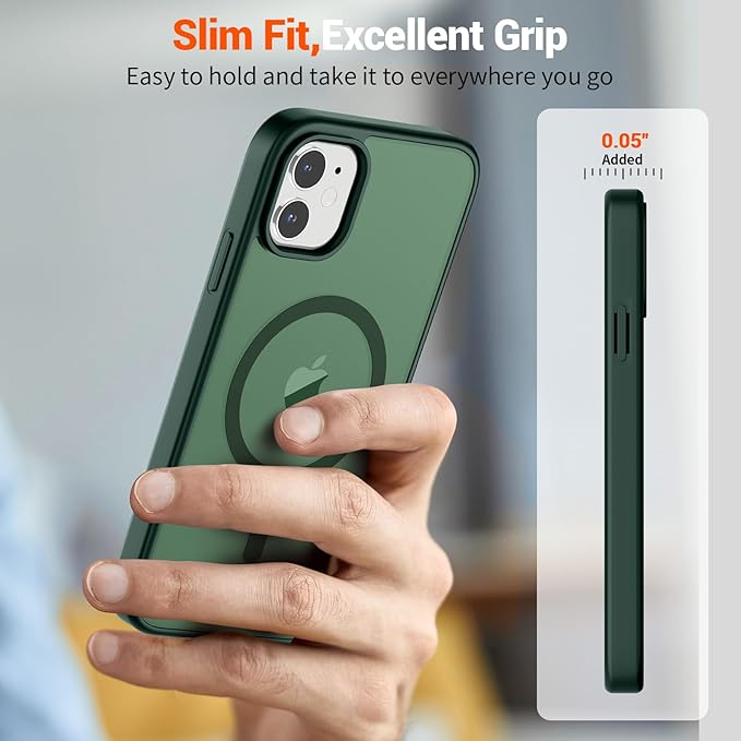 SUPFINE Magnetic for iPhone 11 Phone Case (Compatible with MagSafe) (Military Grade Drop Protection) Slim Translucent Matte Shockproof with Anti-Fingerprint Phone Case,Forest Green
