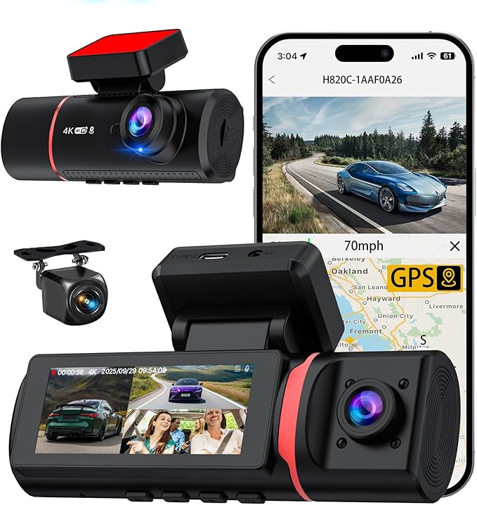 3 Channel Dash Cam Front and Rear Inside, 4K+720P+720P Dashcam, 5GHz WiFi GPS Dash Camera for Cars with 64GB Card, 24H Parking Monitor, Super Night Vision, Loop Recording, G-Sensor, WDR for Car Camera