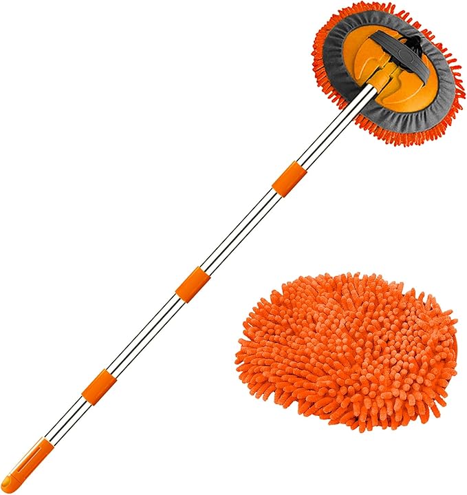 WillingHeart 63" Car Wash Mop Brush Tool Mitt with Long Handle Length More Suitable for Washing American Cars Truck, SUV, RV, Trailer, 2 in 1 Chenille Microfiber Duster Not Hurt Paint Scratch Free
