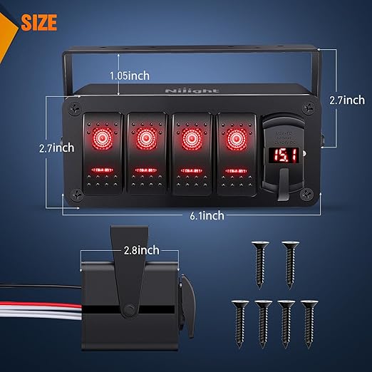Nilight 4 Gang Rocker Switch Box 12V SPST ON Off Toggle Switches PD Type C and QC 3.0 USB Charger Voltmeter LED Light Waterproof Aluminum Mount Bracket Panel DIY Stickers for Boat Car RV Truck