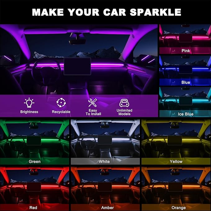 Acrylic Interior Car LED Strip Light with 6mm Sewing Edge - 43.3 inches Ambient Lighting Kits, Neon LED Strip Light(110CM/43.3IN, Orange)