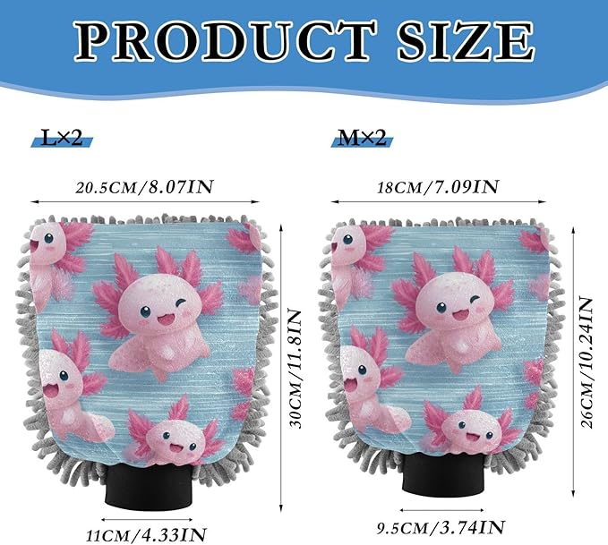 Cute Pink Axolotls on Blue Car Wash Mitt 2 Pack Scratch-Free Lint-Free Absorbent Microfiber Wash Mitt for Car Detailing, Double-Sided Gloves 7.09''X10.24'',