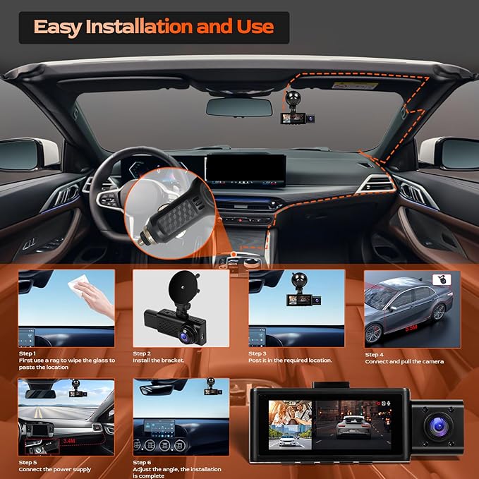 3 Channel 2.5K Dash Cam with WiFi & APP Control, 2.5K+1080P+1080P Front Inside and Rear, Triple Dash Camera with G-Sensor, 24 Hours Parking Mode, Loop Recording, Night Vision