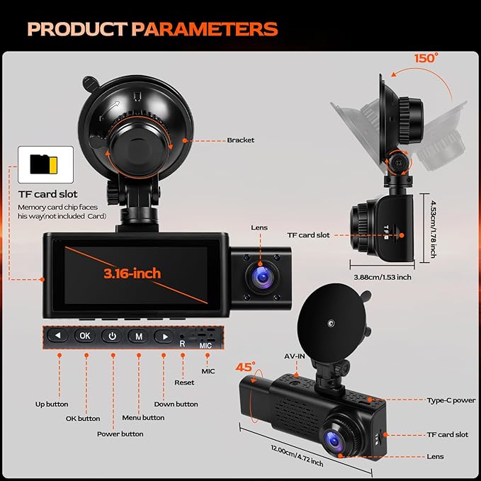 3 Channel 2.5K Dash Cam with WiFi & APP Control, 2.5K+1080P+1080P Front Inside and Rear, Triple Dash Camera with G-Sensor, 24 Hours Parking Mode, Loop Recording, Night Vision