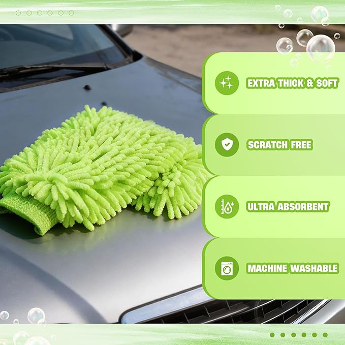 24 Pack Car Wash Mitt Bulk Microfiber, 10'' x 8'' Chenille Car Wash Mitt Gloves, Scratch Free Double Sided No Lint No Marks for Truck SUV and All Vehicle Surfaces (Lime Green)
