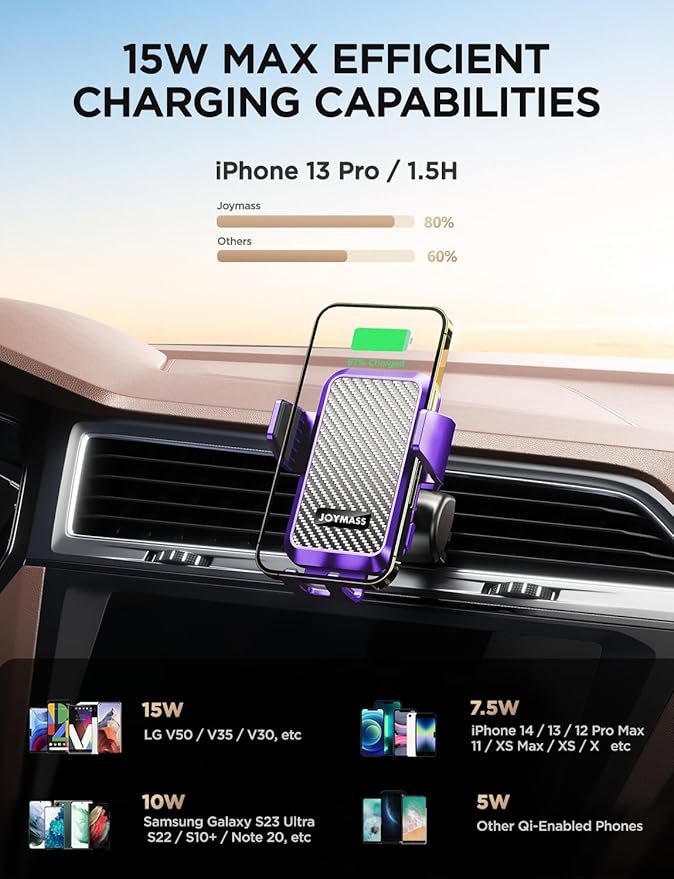 JOYMASS Wireless Car Charger, Phone Holders for Your Car, 15W Auto Clamping Phone Mount Car Accessories for iPhone 16 15 14 13 12 Mini Pro Max, Samsung Galaxy S24 Ultra S23 S22+ Note 20, etc - Purple