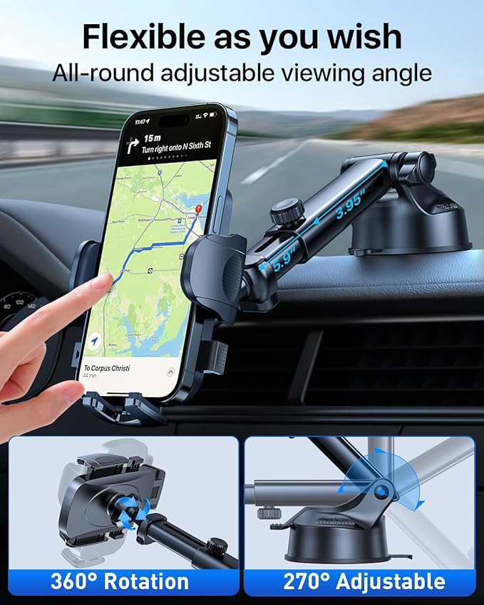 HTU [True Military-Grade] 2025 Upgraded Car Phone Holder 【Safety Certs & No Smell】 Cell Phone Holder for Car Mount for Dashboard Windshield Air Vent Long Arm Thick Case,Grey