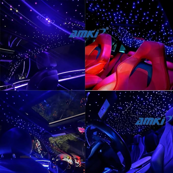AMKI Mini 6W Starlight Headliner Kit 600pcs 0.03in 13.1ft,Twinkle+Sound Activated Fiber Optic Light 4Lamp Beam Starlight Box APP/Remote Control for Car Home Star Ceiling Decoration