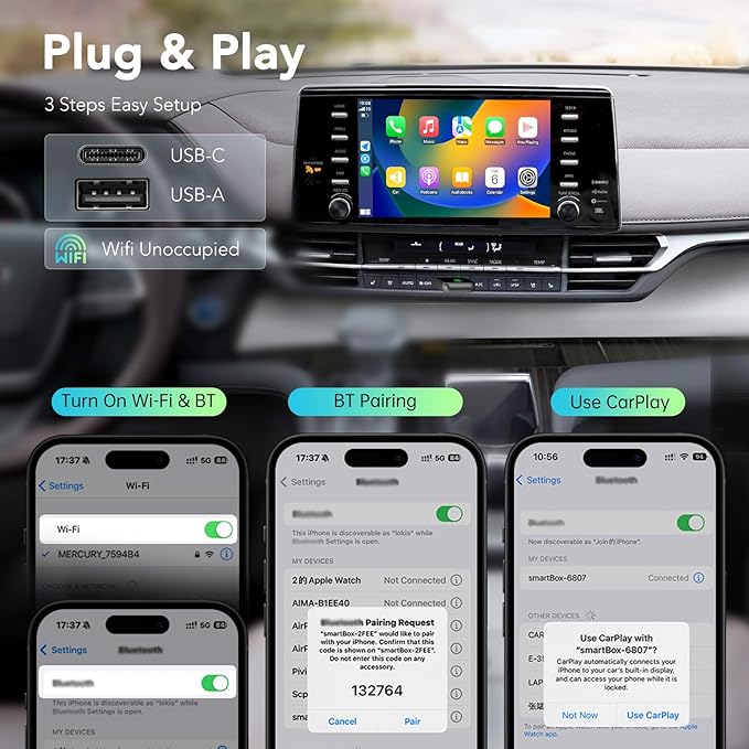 Wireless CarPlay Adapter 2026, 2-in-1 Convert Factory Wired CarPlay & Android Auto to Wireless, Plug and Play, Auto Reconnect, Compatible with iPhone & Android Phones, USB/USB-C, Dark Grey