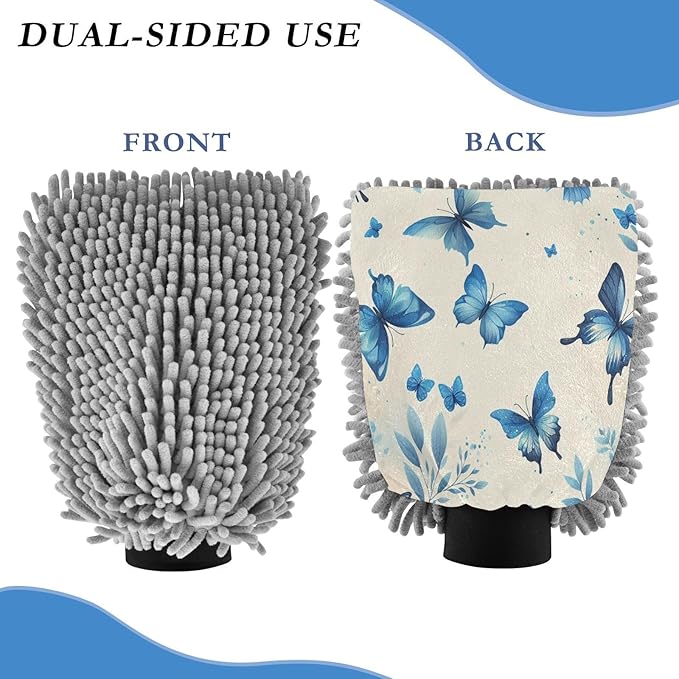 Qilmy Blue Butterfly Microfiber Chenille Car Wash Sponge Scratch Free Car Wash Mitt Absorbent Mitt Sponge for Trucks SUVs Car Washing Home Cleaning, Large