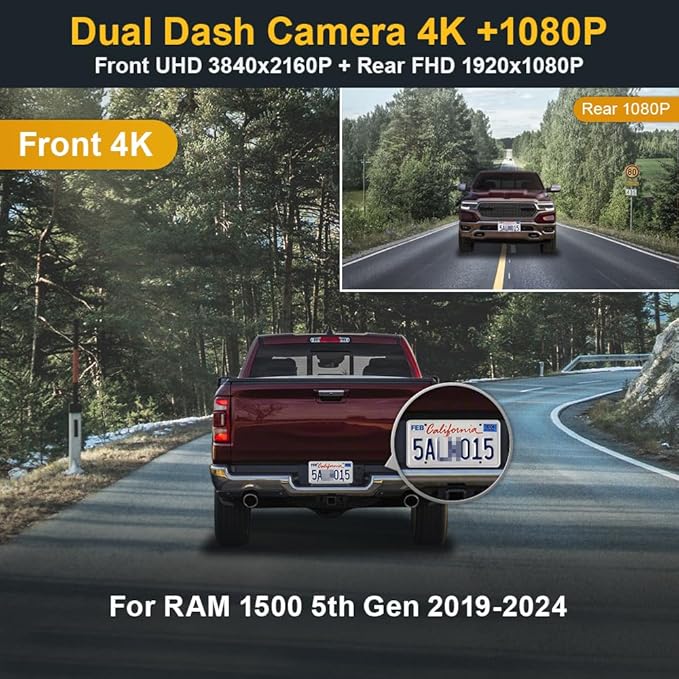 Fitcamx Front 4K+Rear 1080P Dash Cam Adapts for Dodge RAM 1500 (MODEL B) 2019-2024 Rebel Big Horn Laramie, OEM Look, Dual HD Video, WiFi Connect&APP, Loop Recording G-Sensor, Easy to Set, 128GB Card
