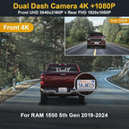 Fitcamx Front 4K+Rear 1080P Dash Cam Adapts for Dodge RAM 1500 (MODEL B) 2019-2024 Rebel Big Horn Laramie, OEM Look, Dual HD Video, WiFi Connect&APP, Loop Recording G-Sensor, Easy to Set, 128GB Card