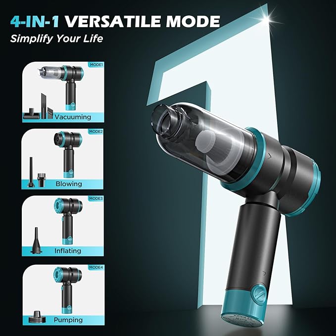 Handheld Car Vacuum Cleaner, 4-in-1 Cordless Rechargeable Mini Vacuum with Air Duster – Quickly Clean Crumbs, Pet Hair & Crevices in Car, Office, Home. Ideal for Commuters & Office Workers (Gold)