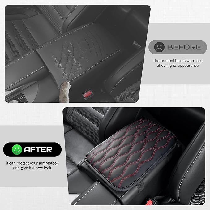 Amiss Auto Center Console Pad, Universal Waterproof Armrest Seat Box Cover, Car Interior Accessories, Leather Auto Armrest Cover Protector for Most Vehicle, SUV, Truck (Red Line)