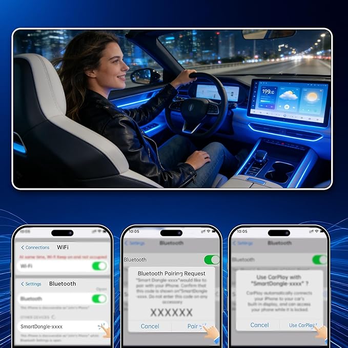 Mini Wireless for Carplay Adapter for iPhone & Android Auto, USB Plug & Play, Zero Delay Wireless 2 in 1 Adapter, Bluetooth Wi-Fi Pairing Allows for Easy Access to Navigation, Voice Control Etc