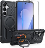 FNTCASE for Samsung Galaxy S25-FE Case: with [Magnetic Ring Kickstand] [Screen Protector] [Compatible with MagSafe] [Military-Grade Drop Protection] Heavy Duty Full Body Protective Phone Cover Black