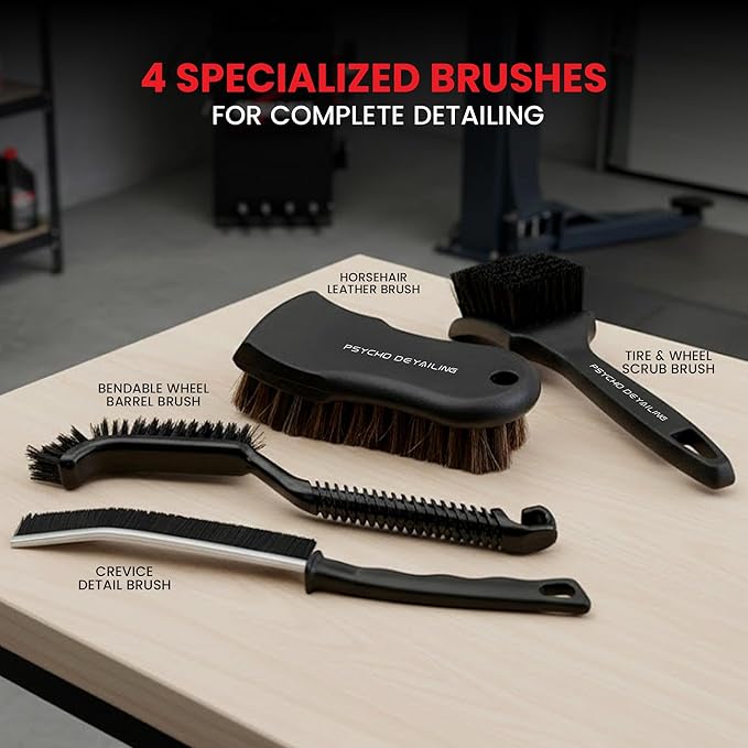 Car Cleaning Brush Set – 4-Piece Detailing Kit for Leather, Wheels & Crevices | Horsehair Interior Brush, Tire Scrub, Crevice Cleaner & Bendable Wheel Barrel Brush – Chemical-Resistant Build