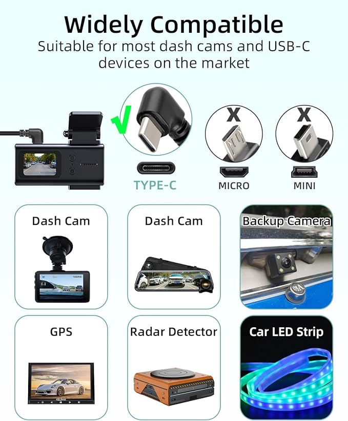Dash Cam Hardwire Kit,12V-24V to 5V/3A USB C Dash Camera Hardwire Kit with Digital Display and Low Voltage Protection,24 Hours Surveillance and Acc Mode for Dash Camera(3.5M/11.4FT)