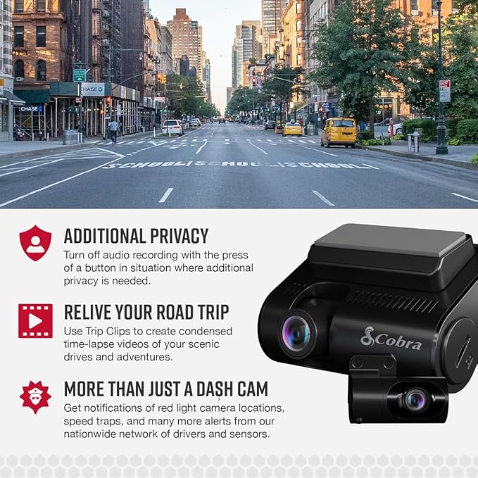 Cobra SC 250R Smart Dash Cam + Cobra 2.5A DIY Hardwire Kit - OBDII Port to USB-C/Micro-USB with 15ft Cable