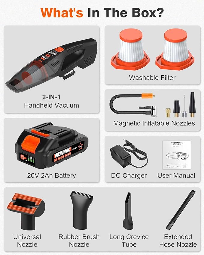 2-in-1 Cordless Car Vacuum and Tire Inflator - 20V Handheld Vacuum Cleaner & 150 PSI Air Pump, 18000Pa Powerful Suction, Portable Vac Air Compressor for Tires Pump and Car Cleaning