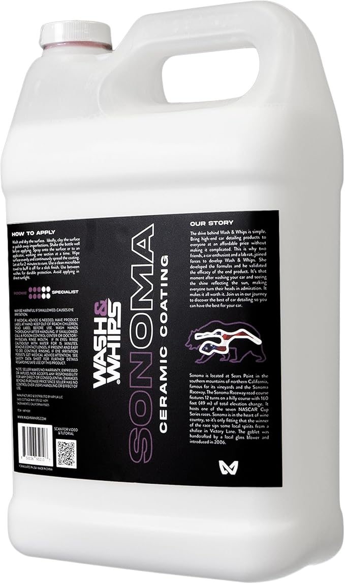 WASH&WHIPS Sonoma Ceramic Finishing Spray 9H: Easy to Use, No Cure Time, After Car Wash - Shields from Sun & Stains, Hydrophobic For Cars, RVs, & Bikes - Gallon