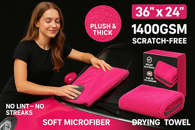 Microfiber Car Drying Towel 36"x24" – 1400 GSM Twisted Yarn, Ultra Absorbent, Scratch-Free, Machine Washable – Bonus 12"x12" Detail Towel, Pink/Gray